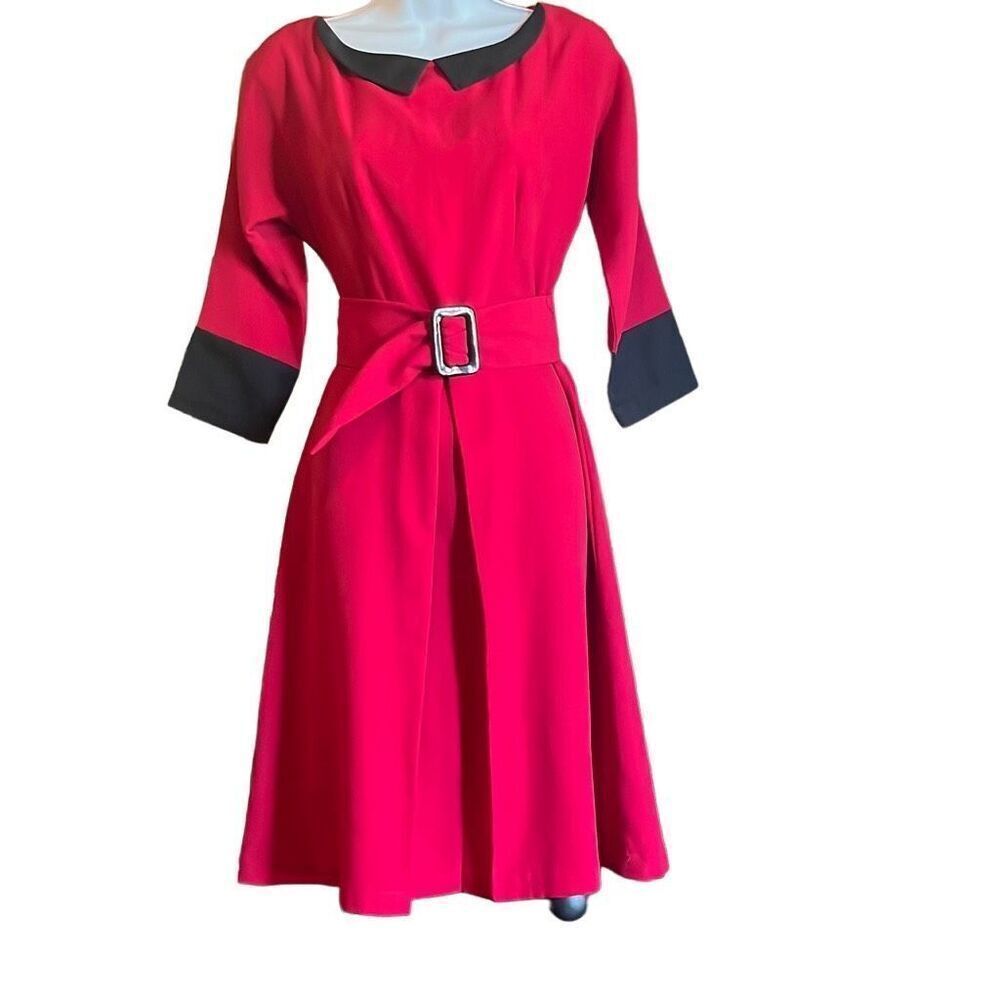 Red Black Womens Small Custom Made Fit N Flare‎ Retro Pleat Front Dress OOAK